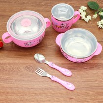 Childrens Wanwan bowl cute cartoon anti-rate throwing cabinet insulation eating baby tableware set children stainless steel home