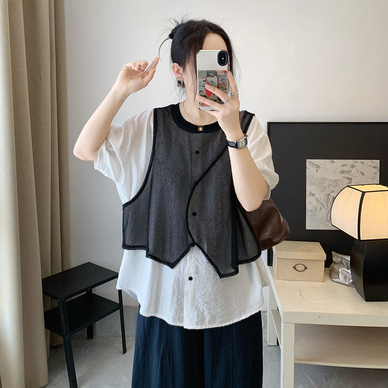 Silver Home Design Vest-Style Patchwork Short-Sleeve Shirt for Women 2026 New High-End Fake Two-Piece Thin Blouse
