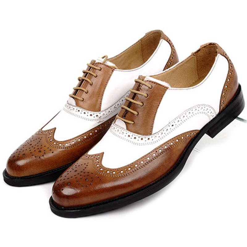 British Leather Shoes Spring Men's Color-Blocked White and Brown Genuine Leather Business Casual Shoes Brogue Carved Retro Formal Men's Shoes