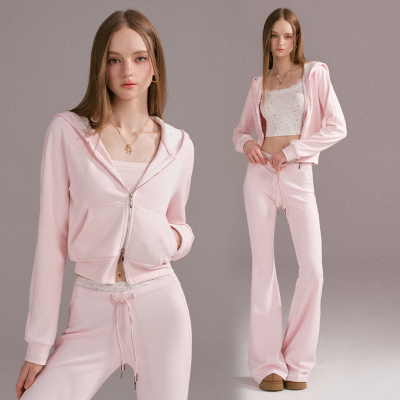 Mess Studio Hot Girl Sporty Casual Short Pink Zipper Hooded Sweatshirt Cardigan Jacket for Women Spring and Autumn