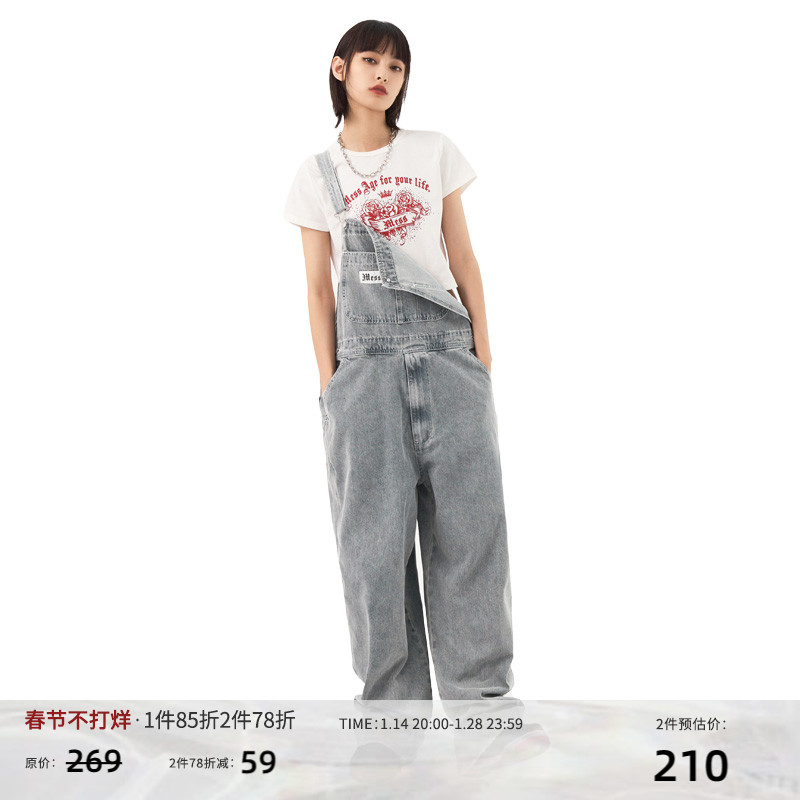 MessAgeLab original 2022 American national tide couple overalls overalls men's retro street denim jumpsuit