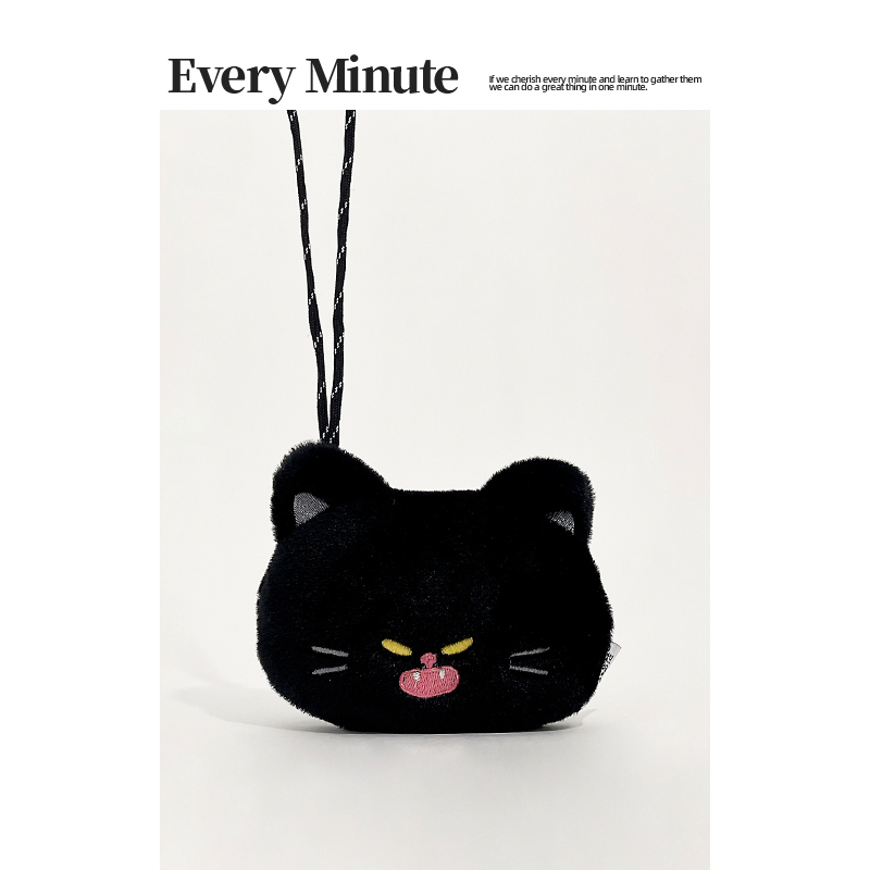 Eminute Simple ins Style Little Black Cat Plush Doll Coin Purse Cartoon Neck Hanging Earphone Storage Bag Meal Card Holder