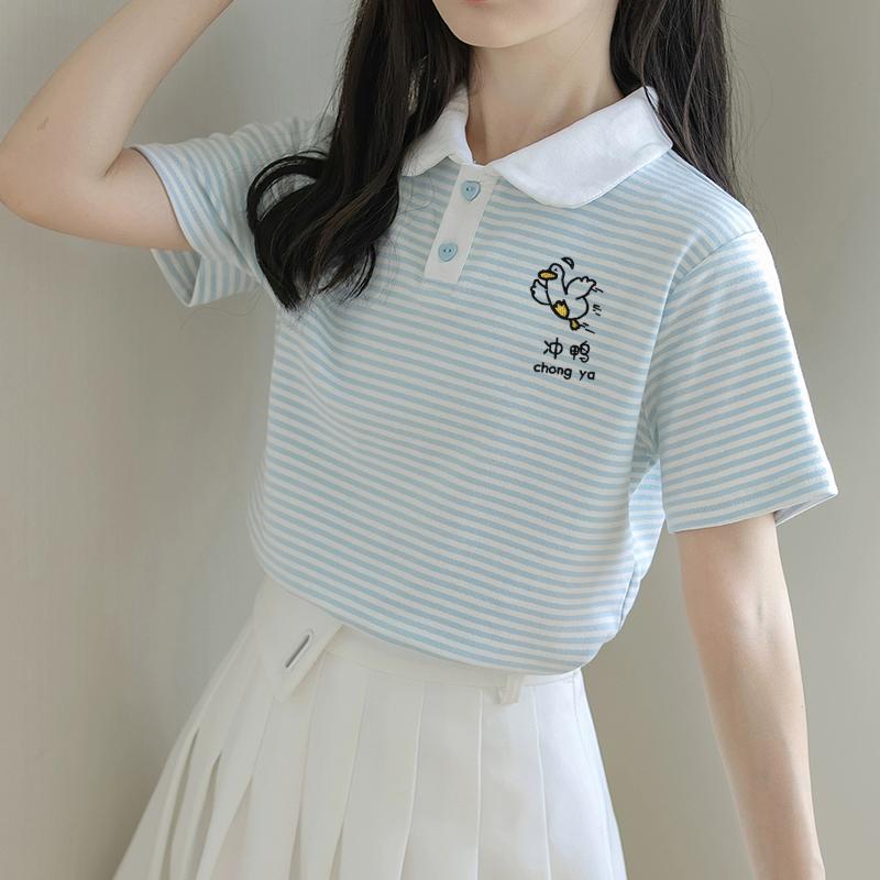 Japanese-Style Striped Regular Shoulder Polo Collar Short-Sleeve T-Shirt for Women, Summer 2026 New Sweet Soft Girl Color-Block Top Japanese-Style Striped Regular Shoulder Polo Collar Short-Sleeve T-Shirt for Women, Summer 2026 New Sweet Soft Girl Color-Block Top