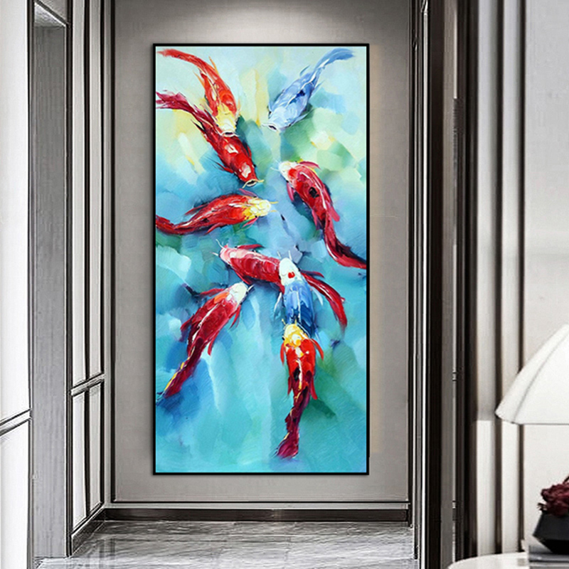 Abstract modern porch corridor corridor decorative painting entrance wall vertical version of nine fish picture fortune pure hand-painted oil painting