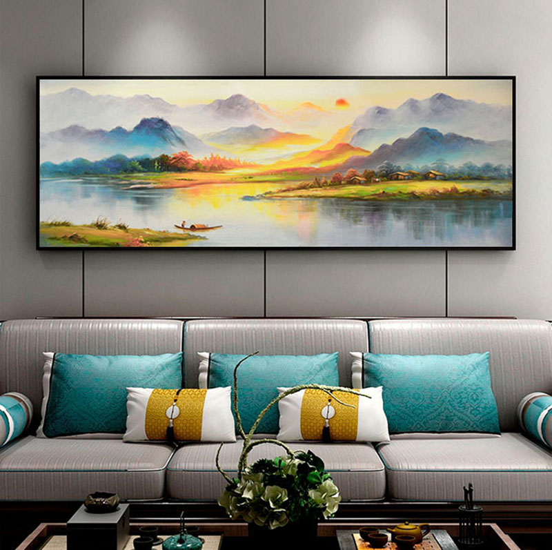 New Chinese style modern pure hand-painted sofa wall hanging painting decorative painting living room hanging painting landscape handmade oil painting