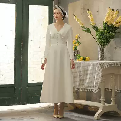Special French soft satin long simple vintage bride out of the gauze tour photo engagement retro dress dress dress
