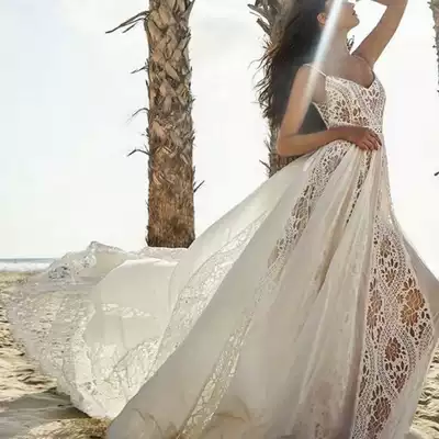 Bohemia Beach seaside tour retro lace nude champagne photo outside shoot outdoor sling light wedding dress