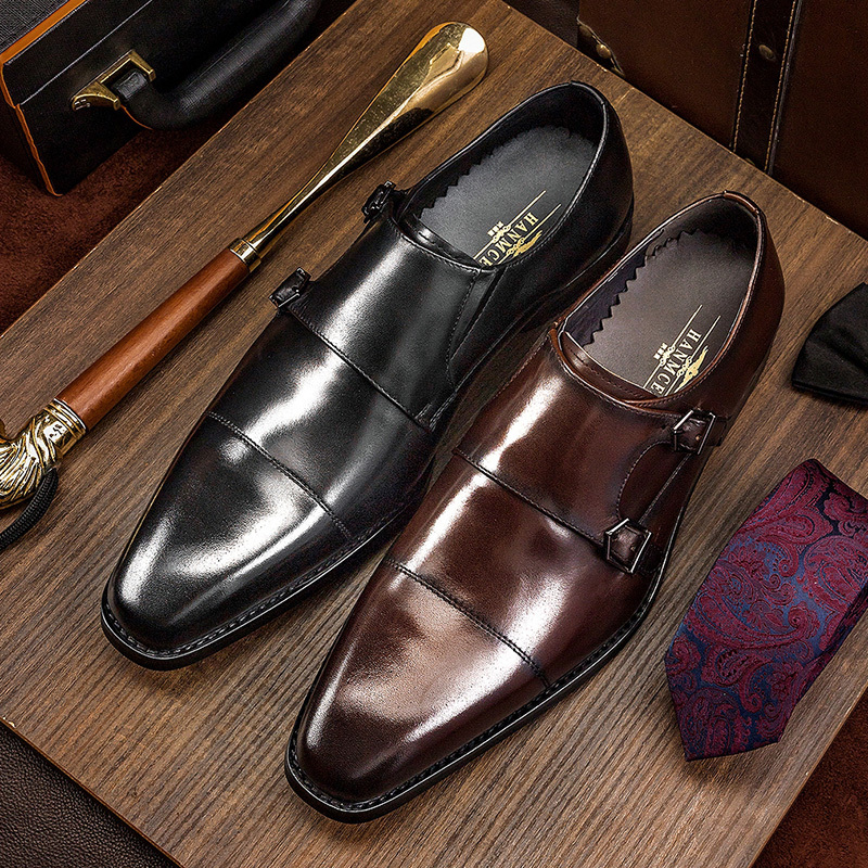 Jiangxin Handmade High-End Business Formal Leather Shoes for Men, British Style Genuine Leather Square-Toe Buckle Shoes, Menge Three-Panel Leather Shoes