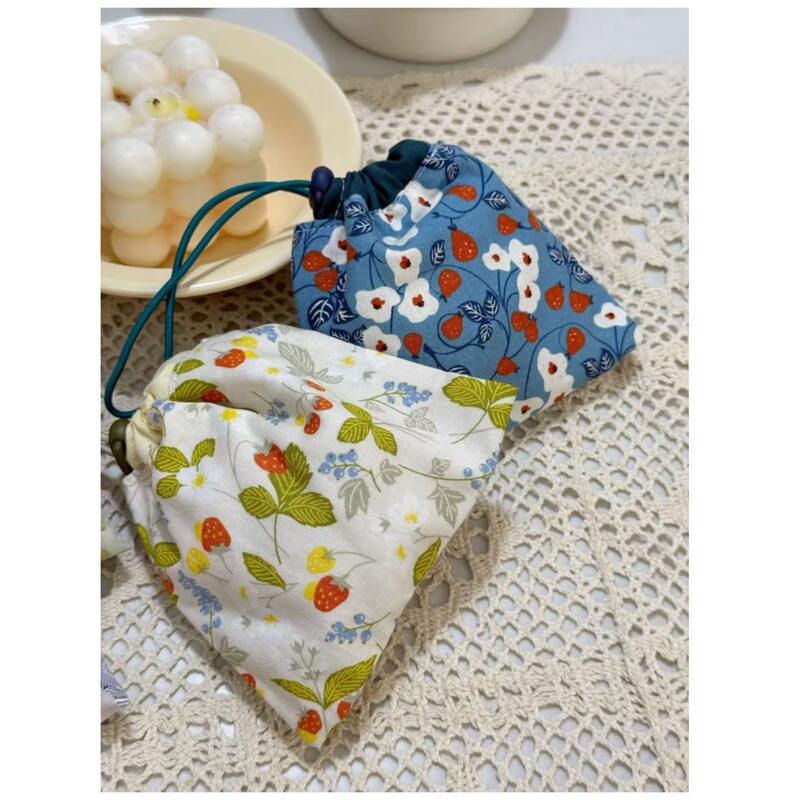Cotton Canvas Handmade Mini Apple Earphone Bag Drawstring Adjustable Storage Pouch Small Coin Purse