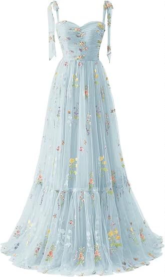 Women's Floral Embroidery Tulle Prom Dress Corset Long Spaghetti Strap Fairy Ruched Formal Evening Gown