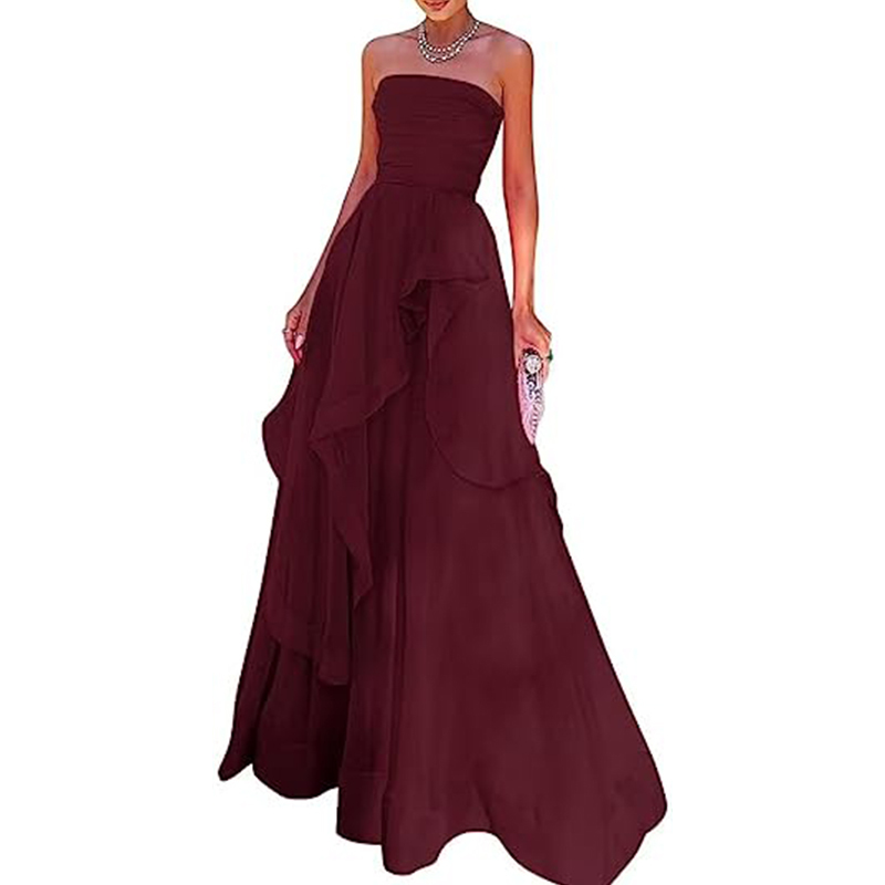 Women's Strapless Chiffon Prom Dresses Long Sleeveless A-Line Bridesmaid Dress Formal Evening Gown Wedding Dress