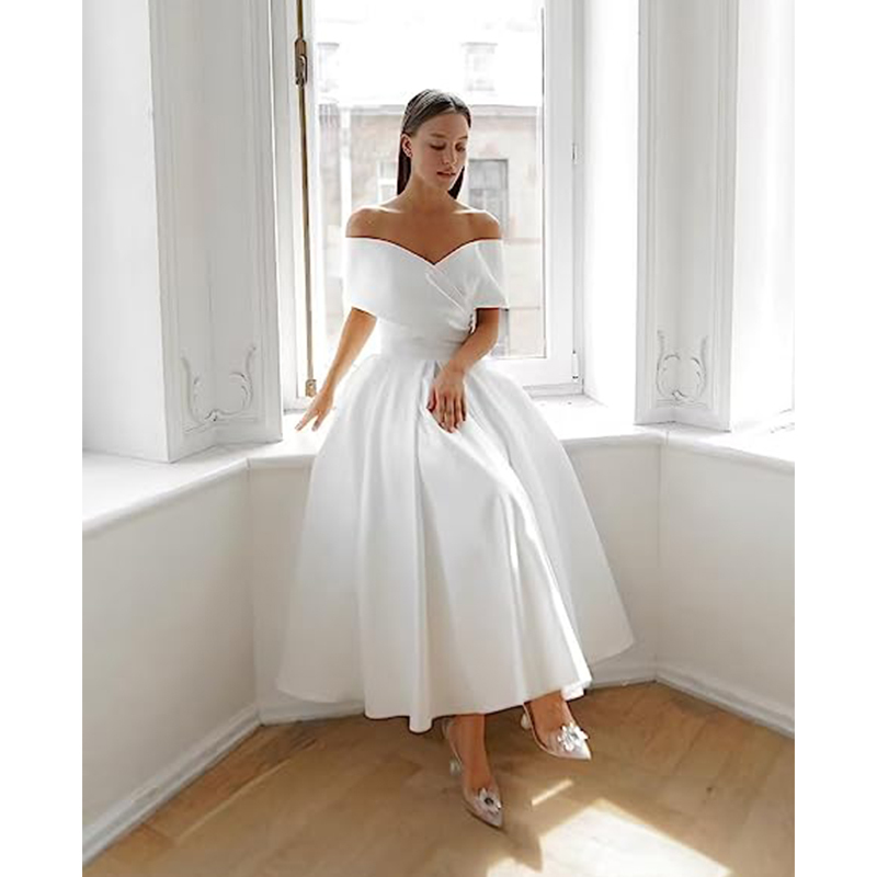 Bridal Off-The-Shoulder Satin Ball Gown Tea-Length Formal Dress Prom Dress with Pockets Export Wedding Dress
