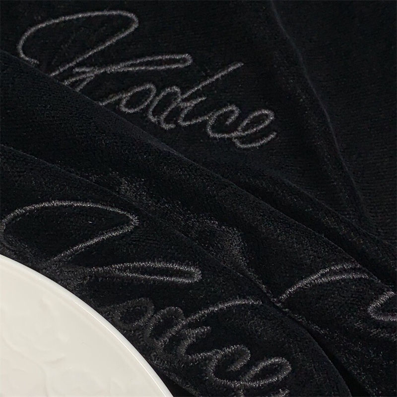 Black Velvet Fabric with English Letter Embroidery, Three-In-One down Jacket Fabric Without Padding, Non-Stretch, Stiff and Soft Y055