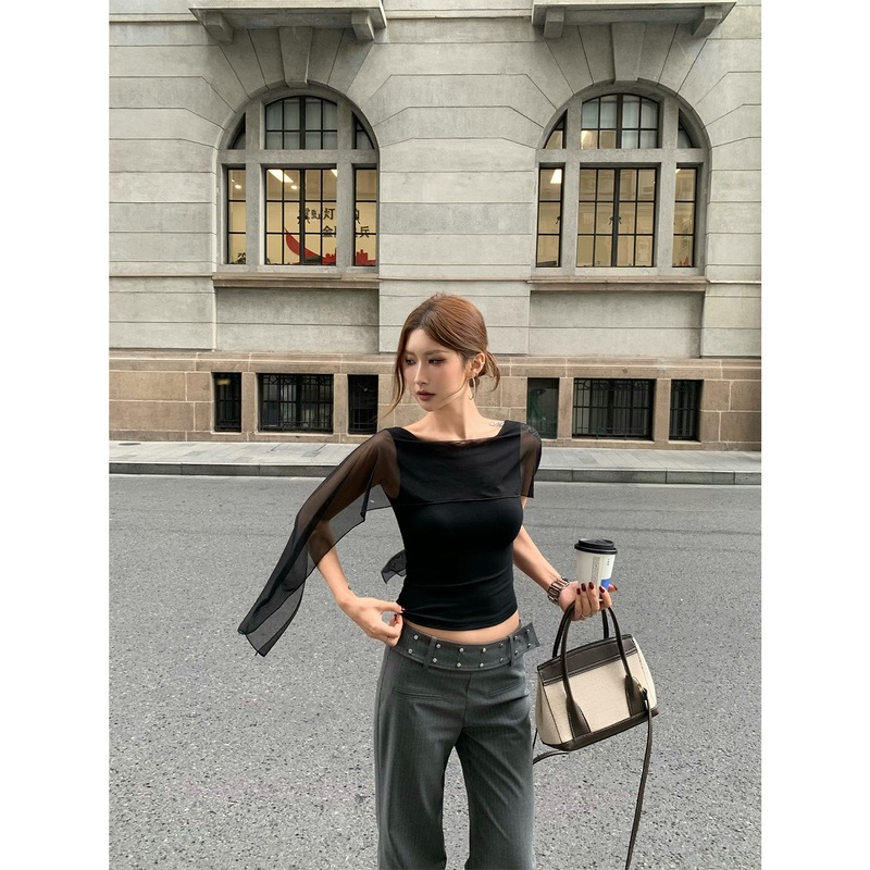 Fangting Black Tank Top for Women, Summer Mesh Sleeve Design, Niche Short Style, Slim Fit T-Shirt