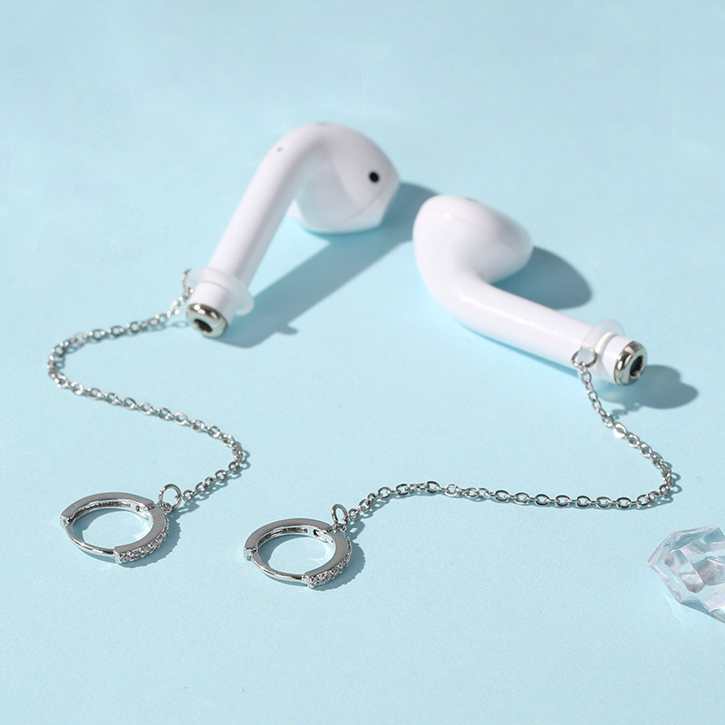 女性用925スターリングシルバーイヤリング（紛失防止チェーン付き）、Bluetoothワイヤレスイヤークリップ、AirPods用イヤリングおよびイヤーチェーン