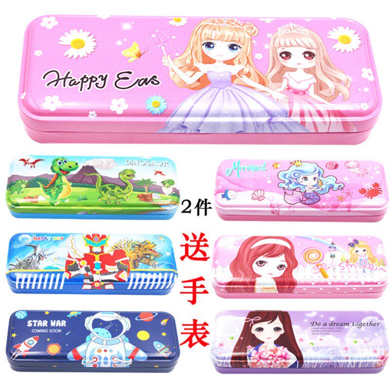 Stationery box metal material tin pencil case primary school students large capacity boys and girls ins wind 2021 new double layer