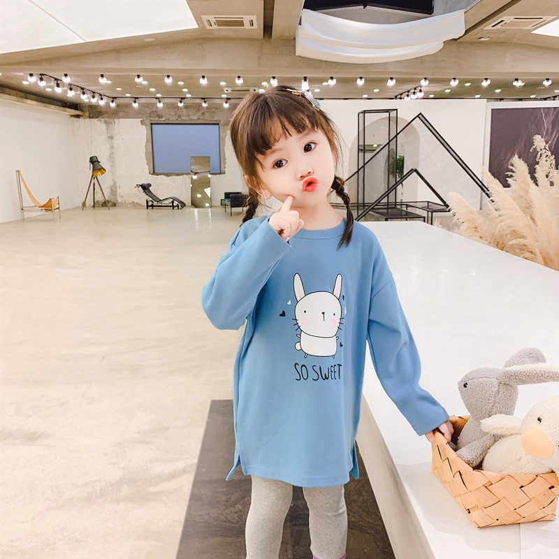 Girls mid-length long-sleeved T-shirt 2022 spring and autumn new children's clothing children's pure cotton round neck top skirt T-shirt skirt cartoon