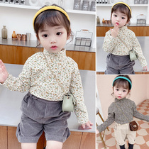 Girls winter plus velvet half-high collar floral bottoming shirt childrens thickened ultra-fine velvet warm long-sleeved T-shirt baby tide