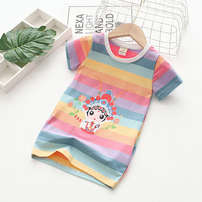Clearance Girls Summer Cotton T-Shirt Peking Opera Face Print Children's Round Neck Short-sleeved Top Sweat-absorbing Bottom Shirt Trendy