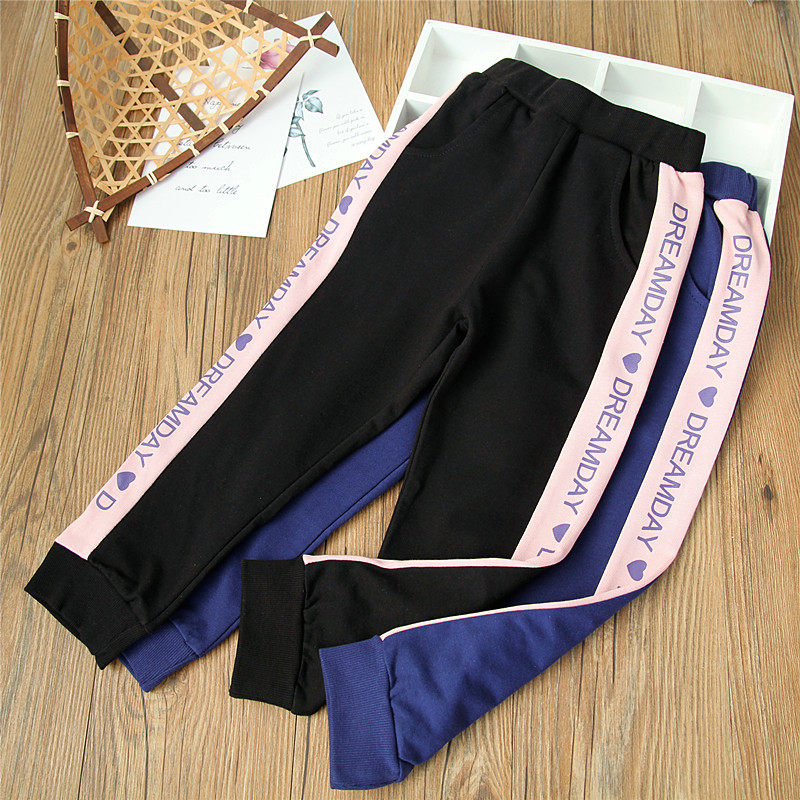 2023 Girls Spring and Autumn Pants side letter pull casual pants children's belt pure cotton middle waist trousers