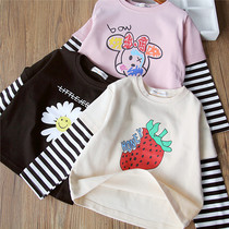 90 yards 100 yards childrens Korean version of the fake two-piece top 22 years spring and autumn striped long-sleeved T-shirt girls cotton bottoming shirt