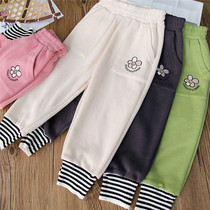 Girls spring and autumn striped trousers casual pants childrens pure cotton sunflower embroidery sports pants loose rubber band outer pants