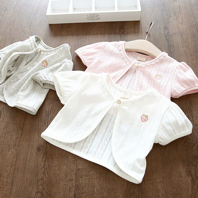 Girls cotton embroidery one button small shawl spring and summer children's thin hollow out small outer wear sunscreen clothing cardigan