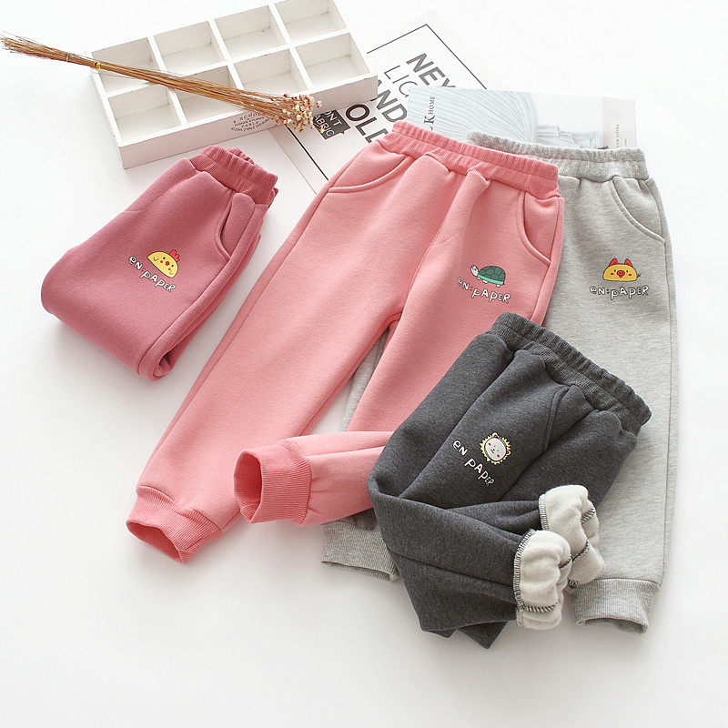 2022 Girls autumn and winter plus sweatpants children pure cotton cartoon printed one in - one casual pants wear trousers