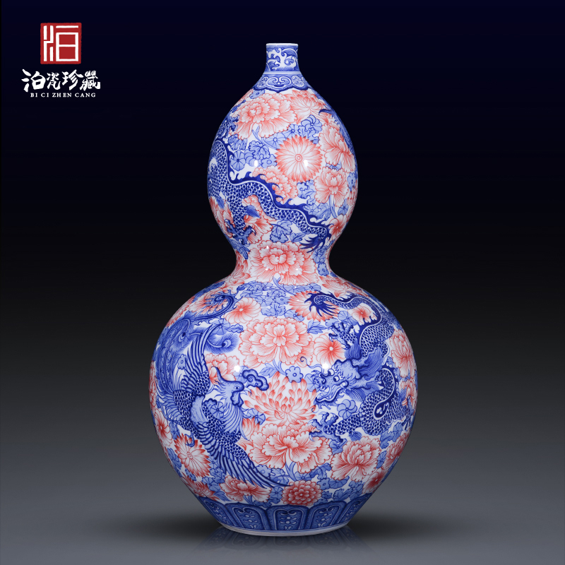 Jingdezhen ceramics archaize qianlong blue - and - white longfeng grain big gourd vases, Chinese style living room home decoration furnishing articles