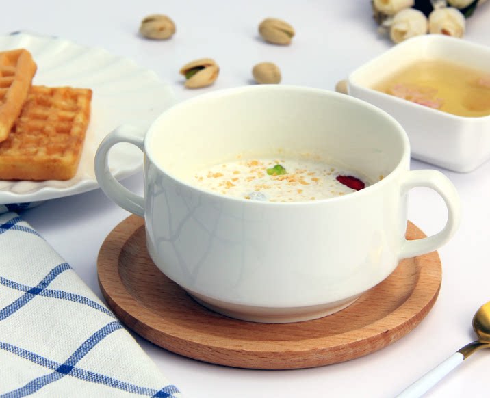 Pure white sugar water bowl with ears binaural ceramic soup cup Western food dessert cup salad bowl roasted bowl soup cup saucer delivery spoon