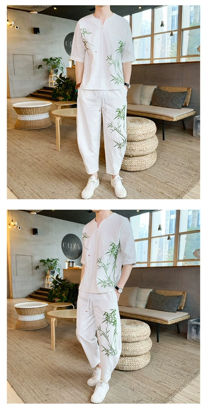 Bộ vest nam ngắn tay phong cách Trung Quốc phong cách dân tộc mùa hè Tang bộ đồ Hanfu nam hợp thời trang thương hiệu cổ điển trang phục cổ phong cách cổ Quần áo nam Trung Quốc