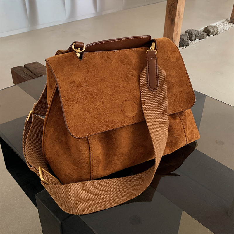 Nubuck PU Leather Flap Shoulder Bags For Women Vintage Wide