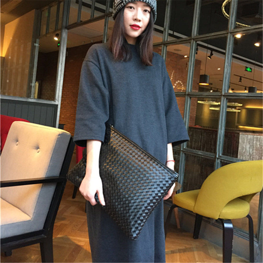 Hong Kong genuine leather big bag bag female large capacity woven hand holding handbag handbag Han version single shoulder inclined cross-pack tide-Taobao