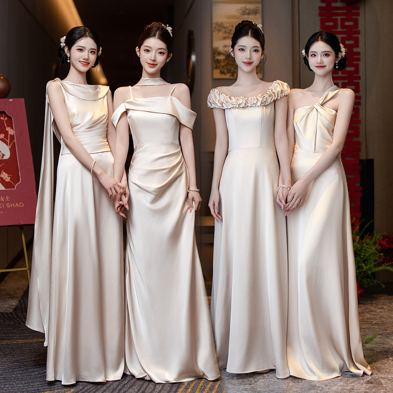 Champagne-Colored Satin Bridesmaid Dress 2026 New High-End Bridesmaid Gown, Can Be Worn Casually, Sister Group Style, Elegant and Slimming