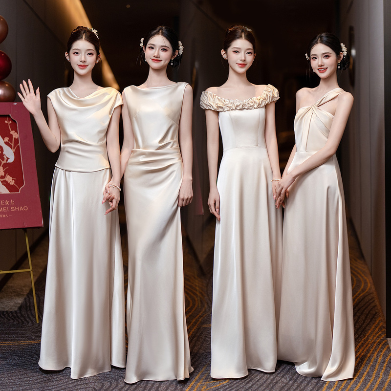 Satin Bridesmaid Dress 2026 New Champagne Color High-End Niche Style Waist-Cinching Sister Dress Suitable for Everyday Wear Satin Bridesmaid Dress 2026 New Champagne Color High-End Niche Style Waist-Cinching Sister Dress Suitable for Everyday Wear