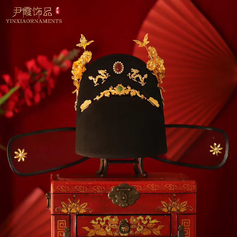 Ming-Style Men's Gold Flower Official Hat, Hanfu Groom's Official Wedding Black Silk Hat, Top Scholar Hat, Flower Hairpin Hat, Scholar Hat Ming-Style Men's Gold Flower Official Hat, Hanfu Groom's Official Wedding Black Silk Hat, Top Scholar Hat, Flower Hairpin Hat, Scholar Hat