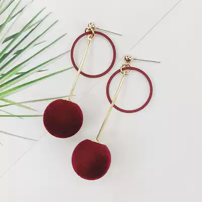 Mousse small d red hair ball earrings retro temperament Korean no ear pierced ear clip wild ear needle autumn and winter earrings female