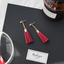 Autumn and winter wine red tassel earrings long Korean earrings earrings earrings earrings no earrings vintage jewelry female simple