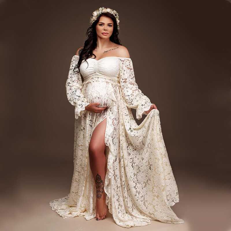 Amazon Maternity Photo Shoot Dress Sexy Hollow Lace Two-Piece Set Pregnant Mommy Photography Trailing Long Dress