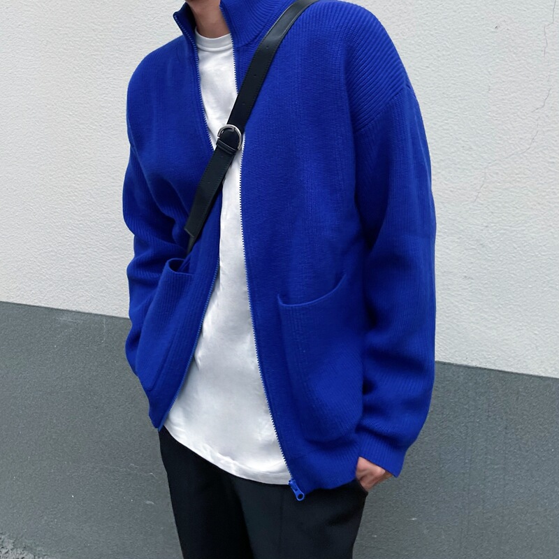 Addressunknown Klein Blue Simple Retro Half-High Collar Knitted Cardigan Unisex Casual Sweater Jacket Addressunknown Klein Blue Simple Retro Half-High Collar Knitted Cardigan Unisex Casual Sweater Jacket