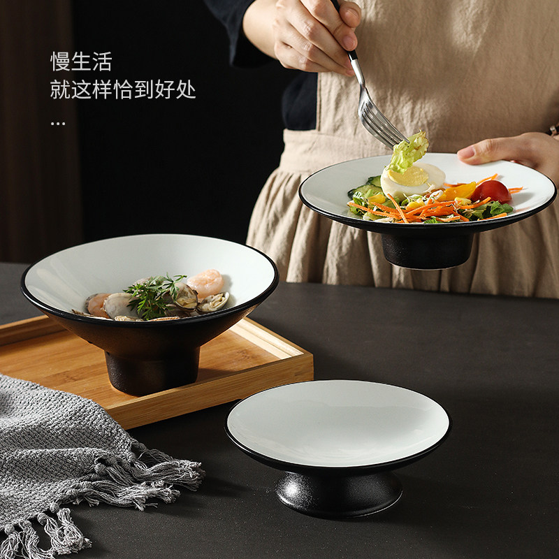 Small dish ceramic creative plate black retro Chinese dessert snack tower bowl high foot fruit bucket commercial small dish bowl