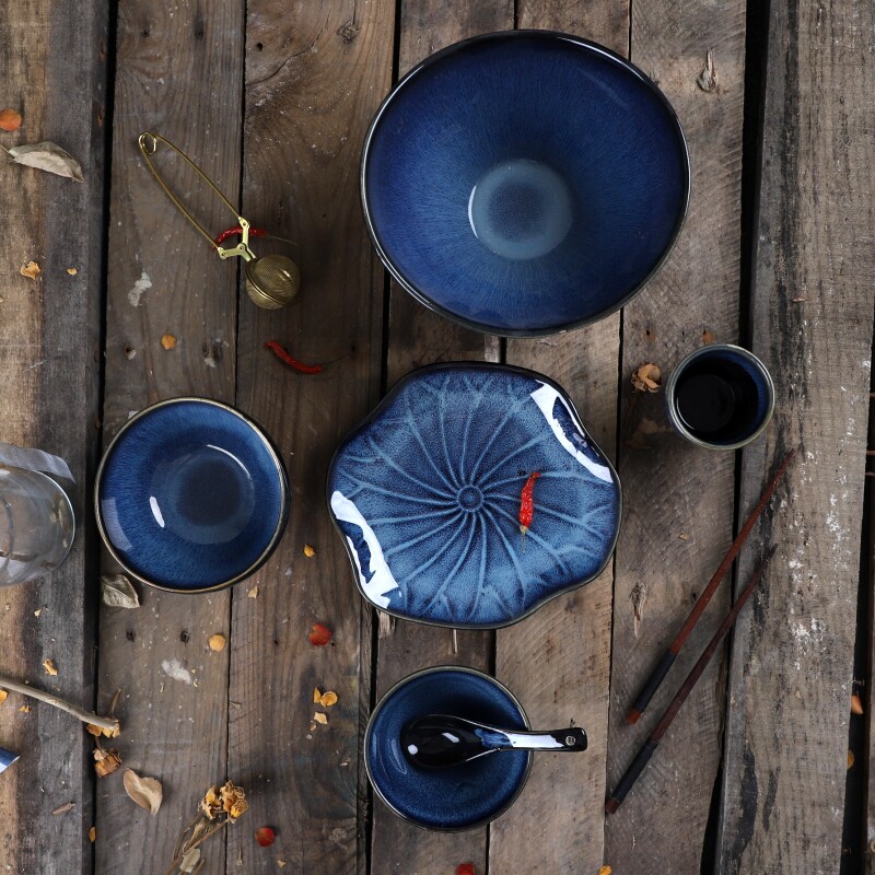 Creative Rice Bowl Ceramic Plate Day Style Lotus Leaf Pan Blue Glazed Blue Kiln Change Home Noodle Bowl One Cutlery Set