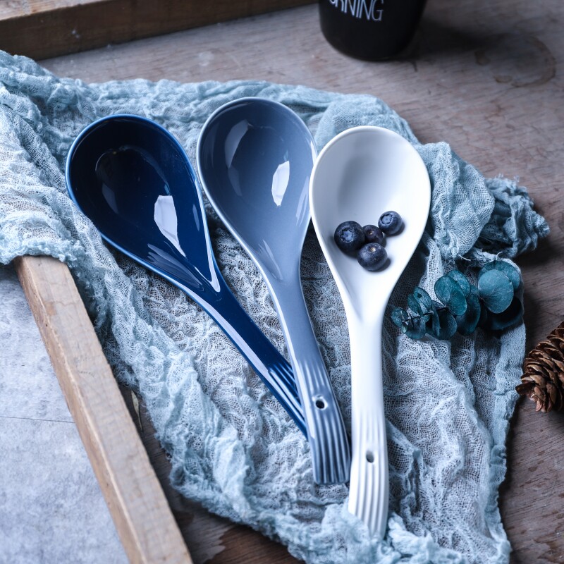 Big spoon ceramic large noodle spoon porridge long handle porridge spoon matte soup small spoon blue spoon household spoon