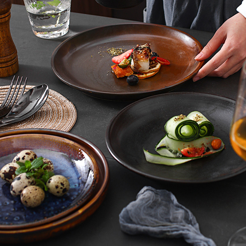 The Yiho Jiao-style characteristic Kiln Change Ceramic Creative Individuality Retro Wind Round Home Vegetable Soup Western meal Shallow Pendulum plate