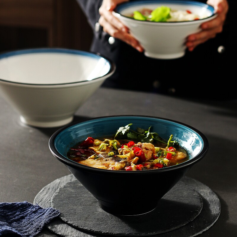 Hat bowl ceramic blue trumpet bowl with instant noodle bowl 8 inches home creative personality dark green wide mouth small foot bamboo hat soup bowl