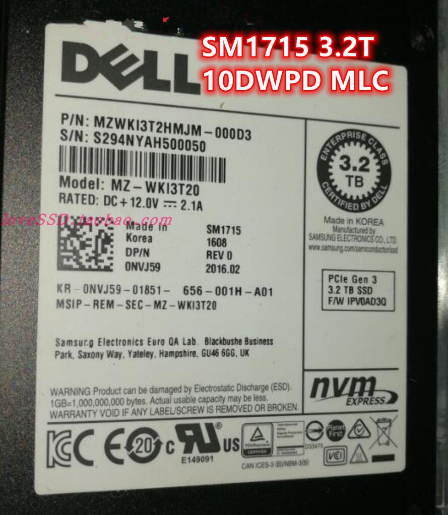 Dell Dell SM1715 SSD Samsung 1 6T 3 2T MLC PK P3700 2T