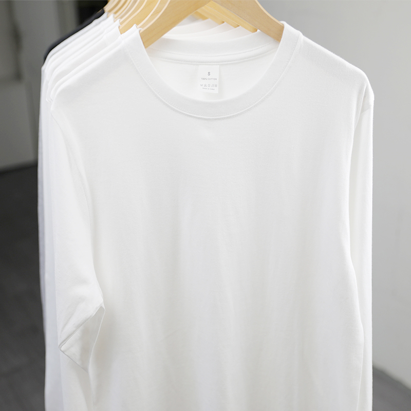 (Buy one get one free) 200g Xinjiang cotton crew neck pure white base T-shirt pure cotton long sleeve t-shirt men and women loose