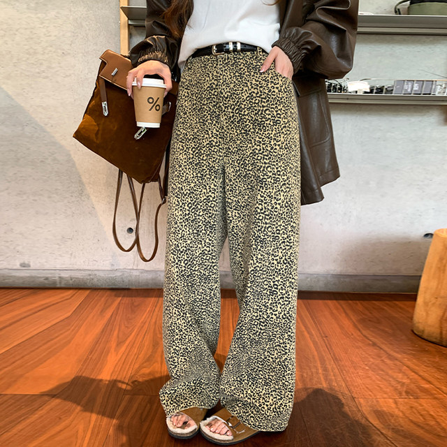 NAZ large size early autumn new American retro leopard print wide-leg casual pants fat mm loose age-reducing straight pants