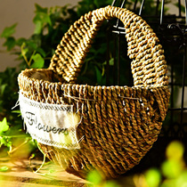 Hand-woven wicker Straw flower basket wall hanging bedroom wall fake flower simulation flower plastic flower decoration hanging wall green plant