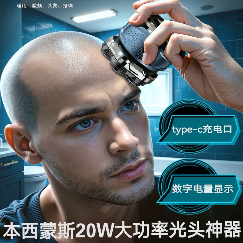 German Magnetic Seven-Blade Head Shaver, Washable Digital Display Electric Shaver, Self-Service Bald Head Shaving and Beard Trimming Tool